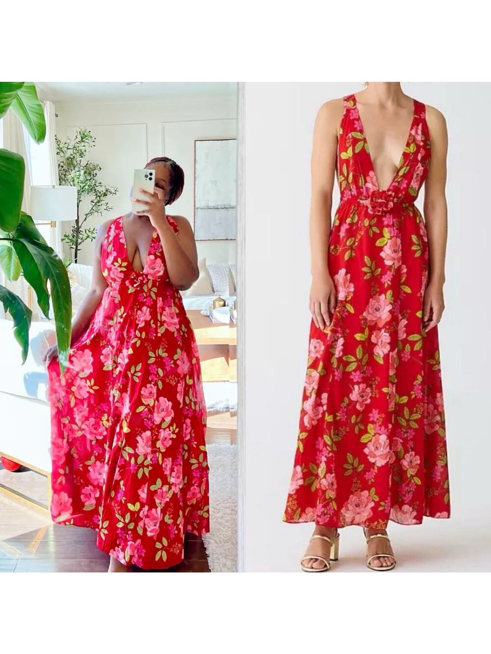 NWT J. Crew Red Floral Maxi Dress Cotton Voile Rosette Plunge in Peony Vines XL